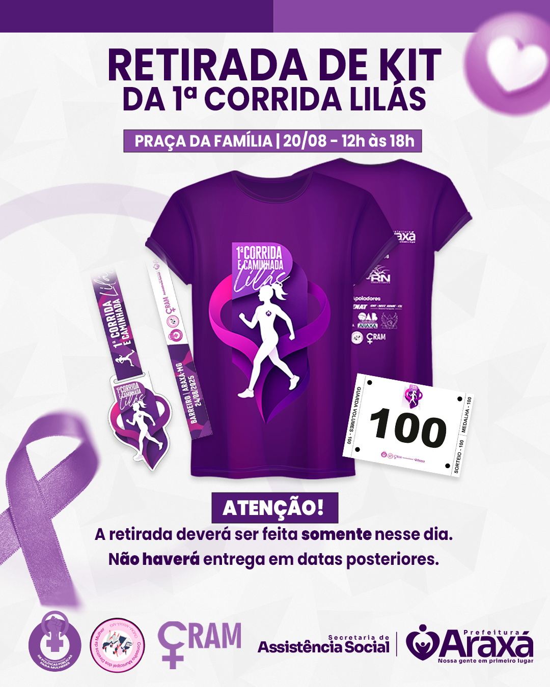 Retirada de kits para Corrida e Caminhada Lilás acontece exclusivamente nesta quarta-feira (20)