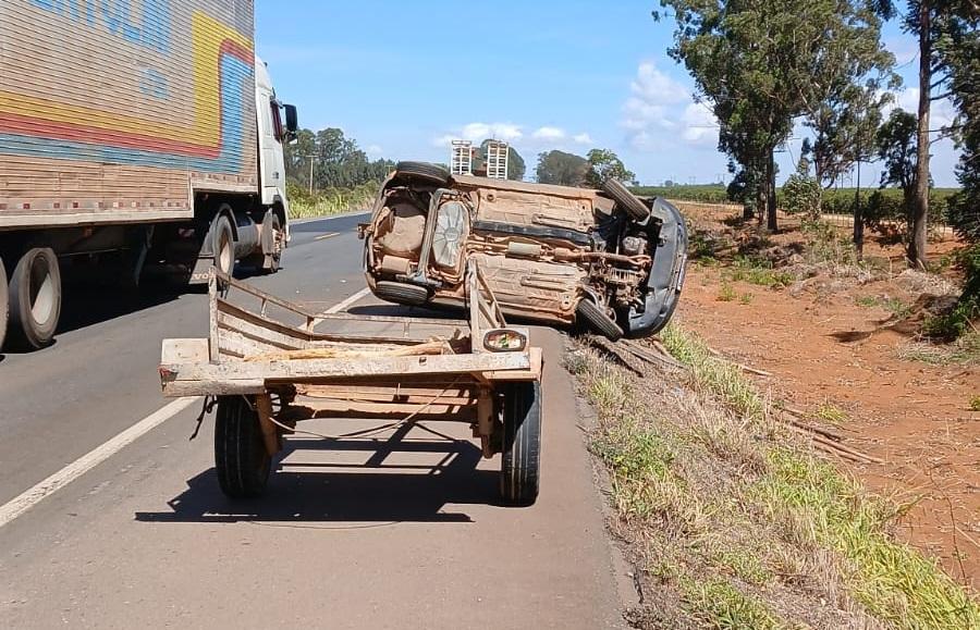 Carro com carretinha carregada de eucaliptos tomba na BR-262