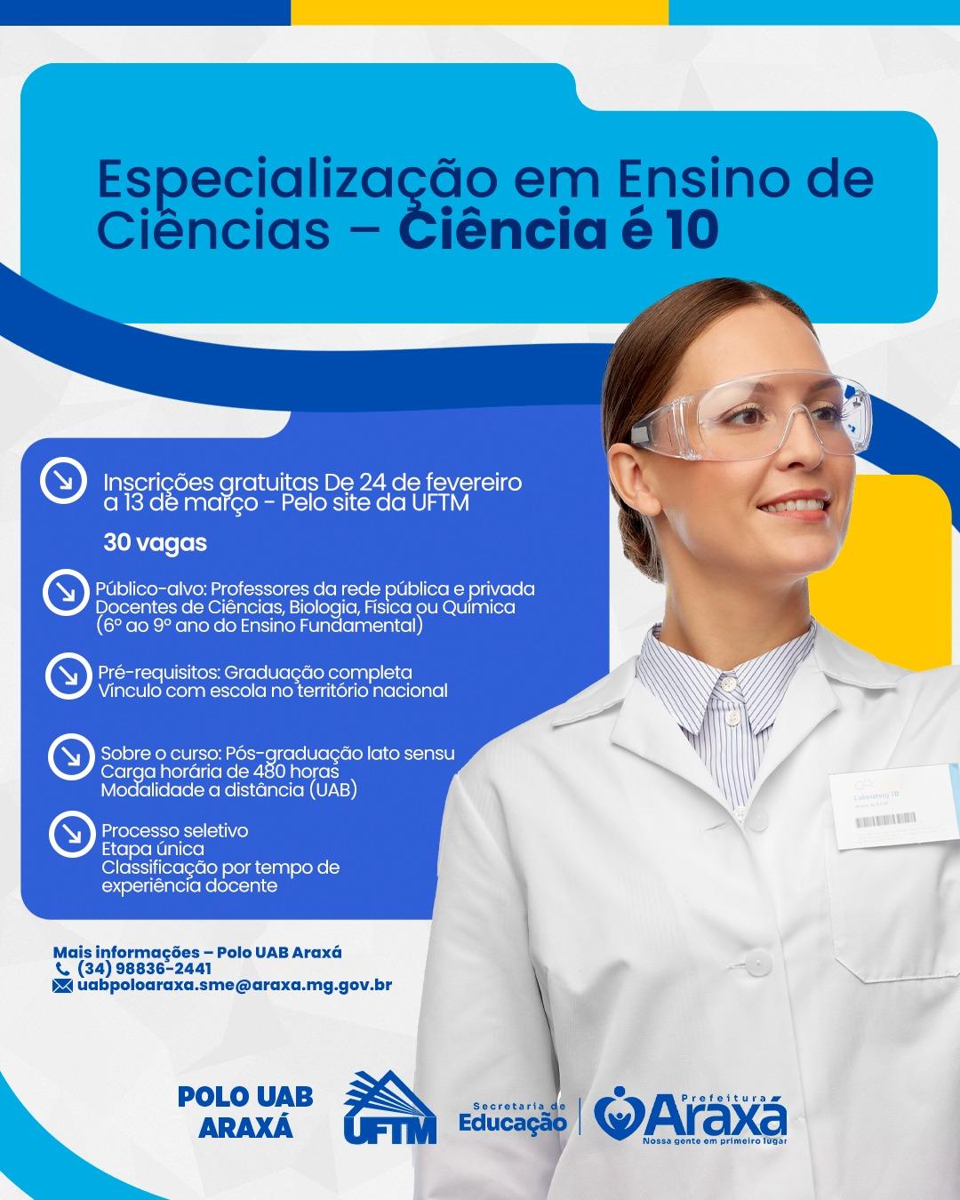 UAB Araxá abre inscrições para especialização gratuita em Ensino de Ciências