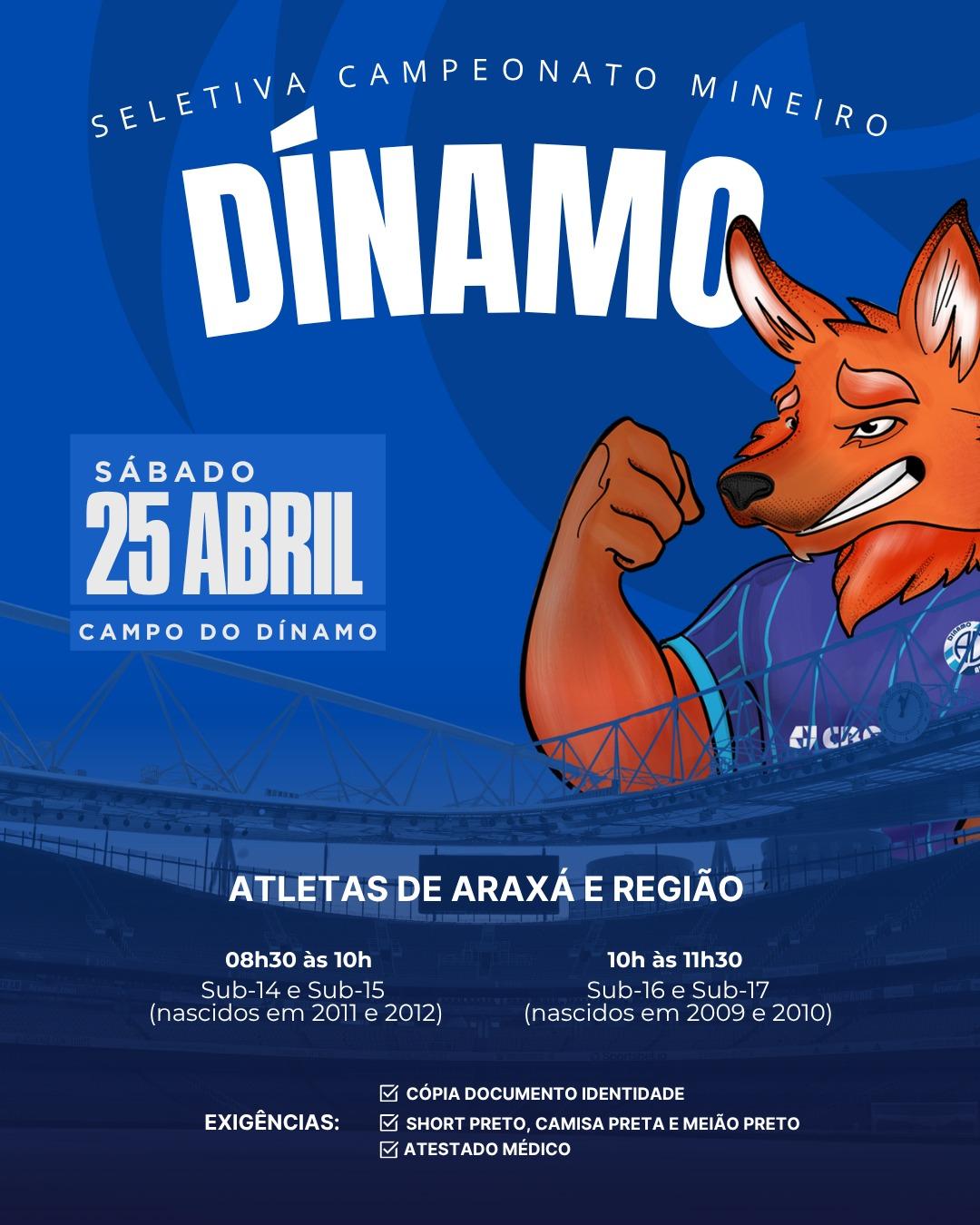 Dínamo realiza seletiva de atletas para as categorias Sub-15 e Sub-17 neste sábado